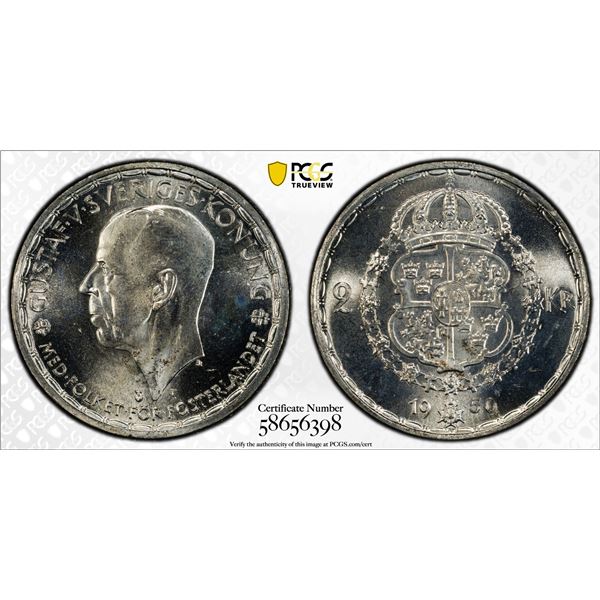 SWEDEN: Gustaf V, 1907-1950, AR 2 kronor, 1950, PCGS MS65