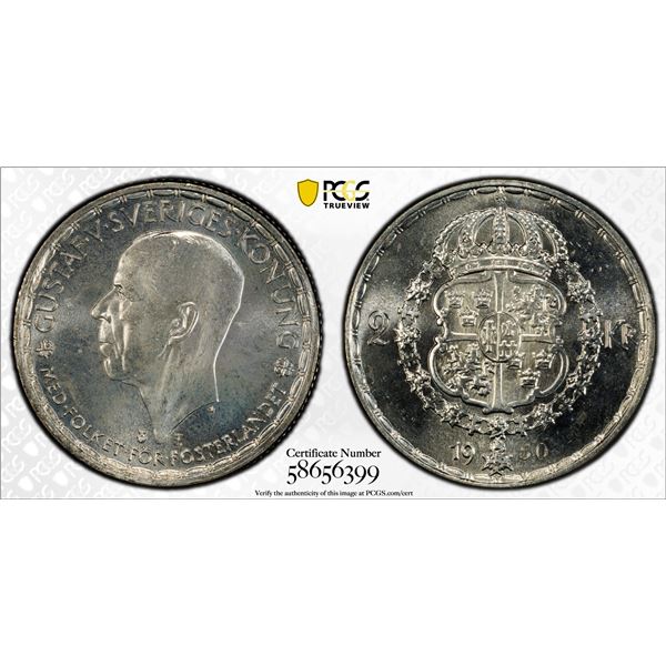 SWEDEN: Gustaf V, 1907-1950, AR 2 kronor, 1950, PCGS MS65