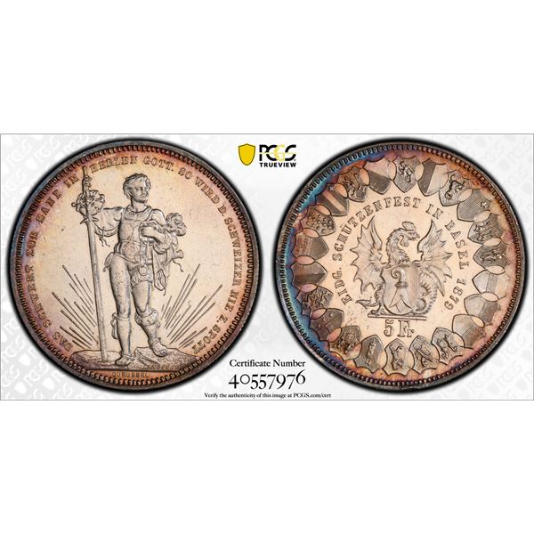 SWITZERLAND: BASEL: AR 5 francs, 1879, PCGS UNC details