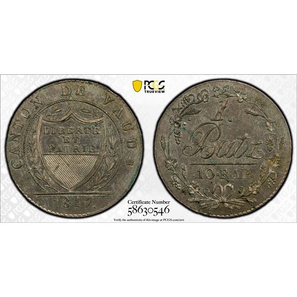 SWITZERLAND: VAUD: Canton, BI batzen / 10 rappen, 1817, PCGS MS62