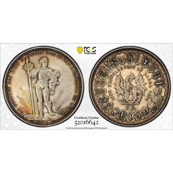 SWITZERLAND: Confederation, AR 5 francs, 1879, PCGS XF details