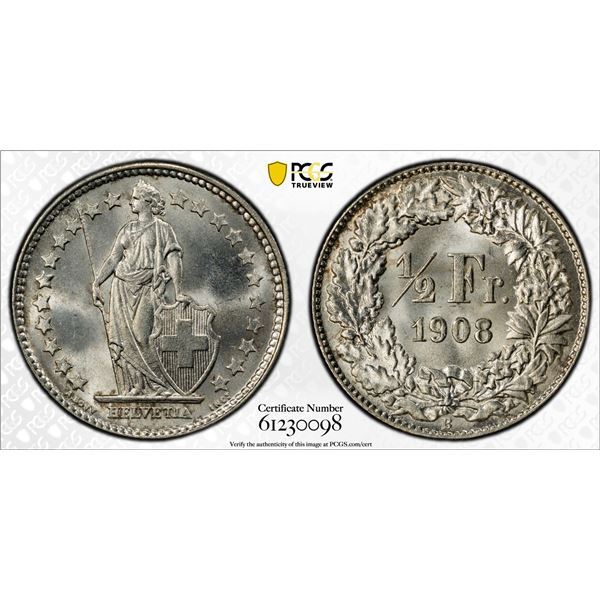 SWITZERLAND: Confederation, AR 1/2 franc, 1908-B, PCGS MS66