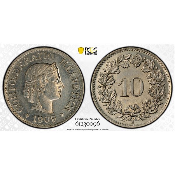SWITZERLAND: Confederation, 10 rappen, 1909-B, PCGS MS64