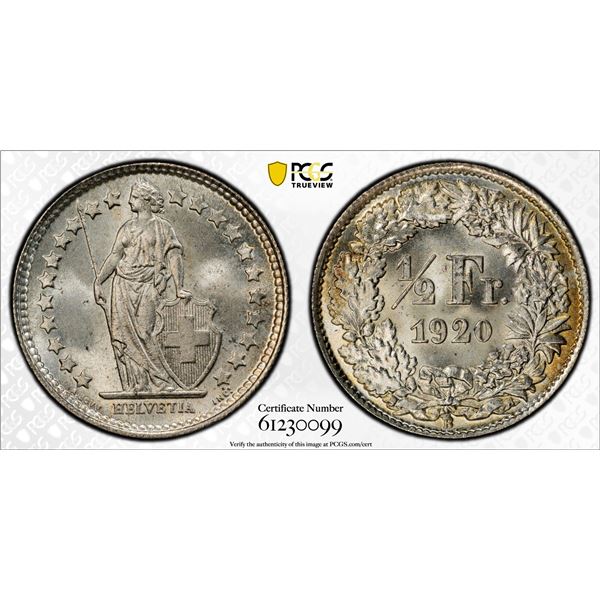 SWITZERLAND: Confederation, AR 1/2 franc, 1920-B, PCGS MS67