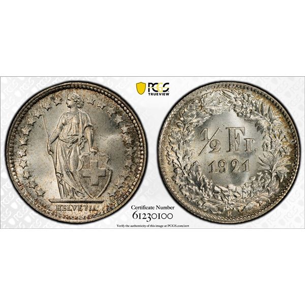 SWITZERLAND: Confederation, AR 1/2 franc, 1921-B, PCGS MS67