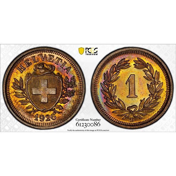 SWITZERLAND: Confederation, AE rappen, 1926-B, PCGS MS64 RB