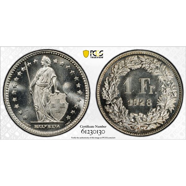 SWITZERLAND: Confederation, AR franc, 1928-B, PCGS MS66