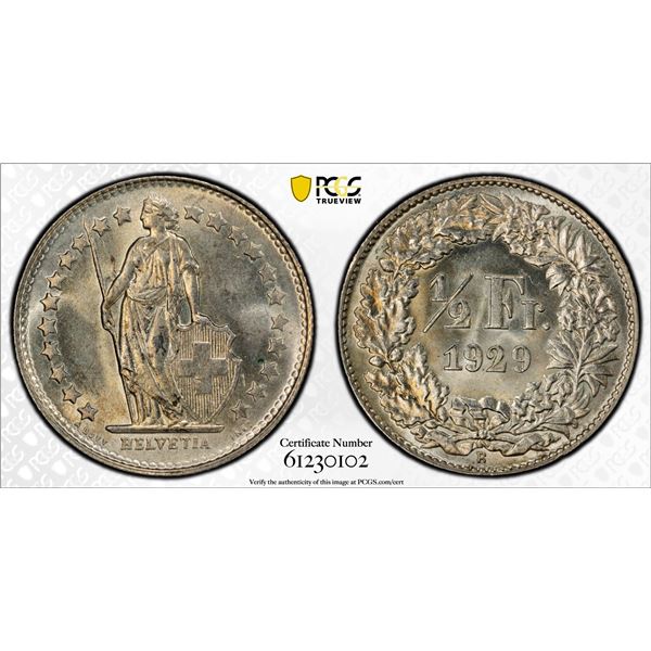 SWITZERLAND: Confederation, AR 1/2 franc, 1929-B, PCGS MS65