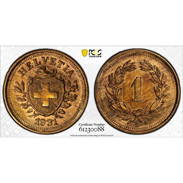 SWITZERLAND: Confederation, AE rappen, 1931-B, PCGS MS64 RB
