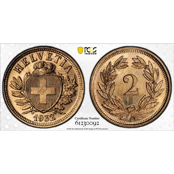 SWITZERLAND: Confederation, AE 2 rappen, 1932-B, PCGS MS66 RD