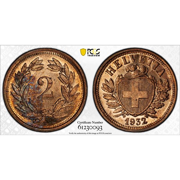 SWITZERLAND: Confederation, AE 2 rappen, 1932-B, PCGS MS64 RB