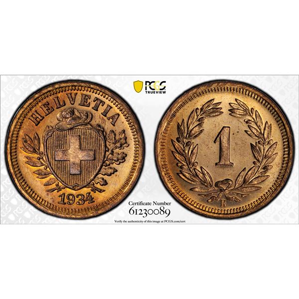 SWITZERLAND: Confederation, AE rappen, 1934-B, PCGS MS65 RD