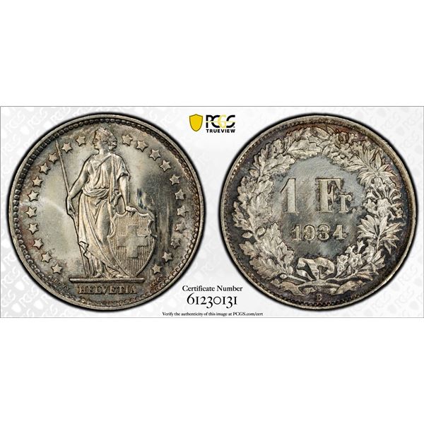 SWITZERLAND: Confederation, AR franc, 1934-B, PCGS MS66