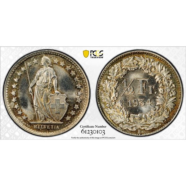 SWITZERLAND: Confederation, AR 1/2 franc, 1934-B, PCGS MS65