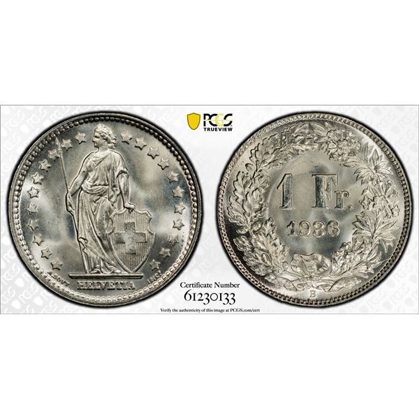 SWITZERLAND: Confederation, AR franc, 1936-B, PCGS MS67