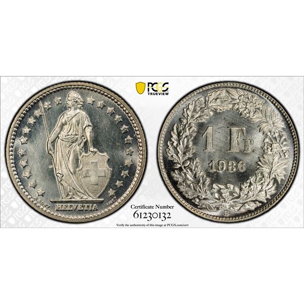 SWITZERLAND: Confederation, AR franc, 1936-B, PCGS MS66