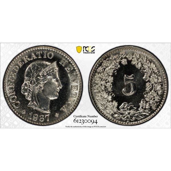 SWITZERLAND: Confederation, 5 rappen, 1937-B, PCGS MS67