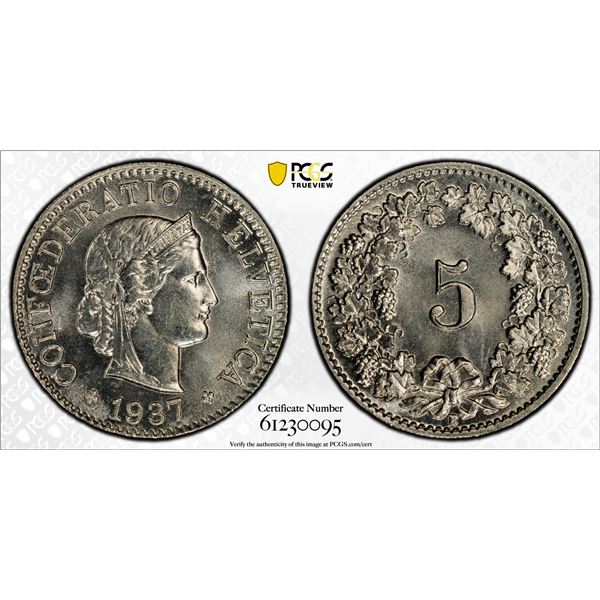 SWITZERLAND: Confederation, 5 rappen, 1937-B, PCGS MS65