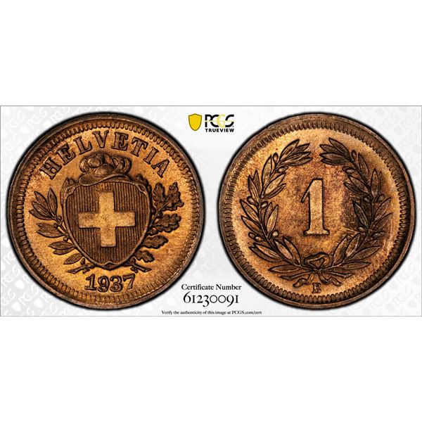 SWITZERLAND: Confederation, AE rappen, 1937-B, PCGS MS64 RB