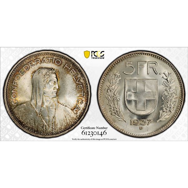 SWITZERLAND: Confederation, AR 5 francs, 1937-B, PCGS MS65