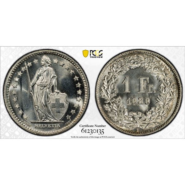 SWITZERLAND: Confederation, AR franc, 1939-B, PCGS MS67
