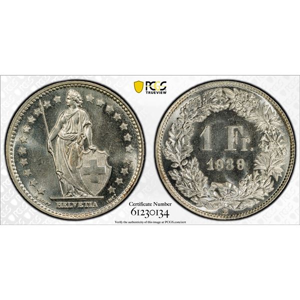 SWITZERLAND: Confederation, AR franc, 1939-B, PCGS MS66