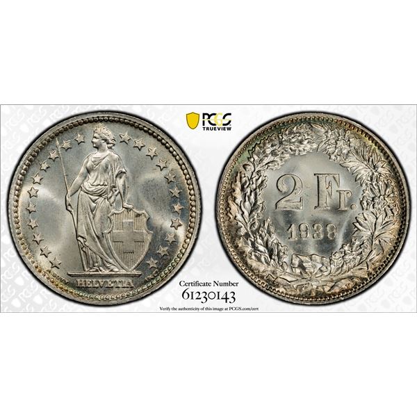 SWITZERLAND: Confederation, AR 2 francs, 1939-B, PCGS MS66