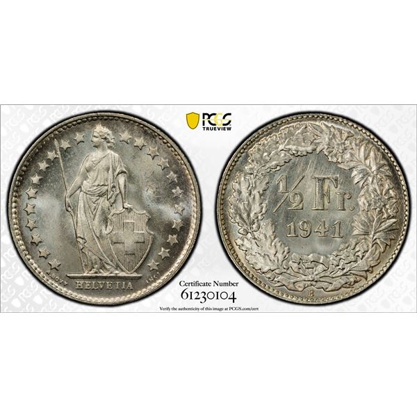 SWITZERLAND: Confederation, AR 1/2 franc, 1941-B, PCGS MS66