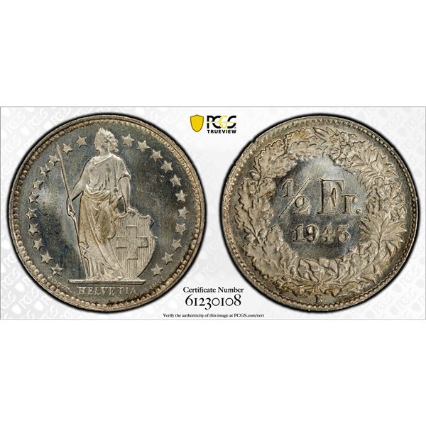 SWITZERLAND: Confederation, AR 1/2 franc, 1943-B, PCGS MS67