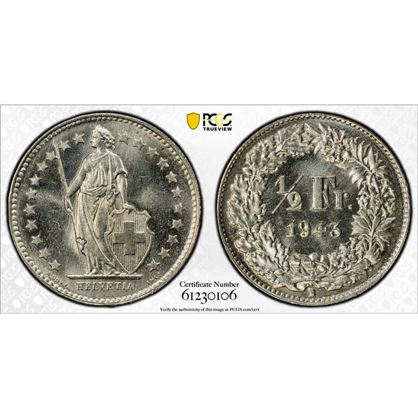 SWITZERLAND: Confederation, AR 1/2 franc, 1943-B, PCGS MS66