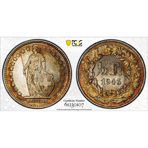 SWITZERLAND: Confederation, AR 1/2 franc, 1943-B, PCGS MS65