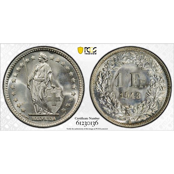 SWITZERLAND: Confederation, AR franc, 1943-B, PCGS MS67