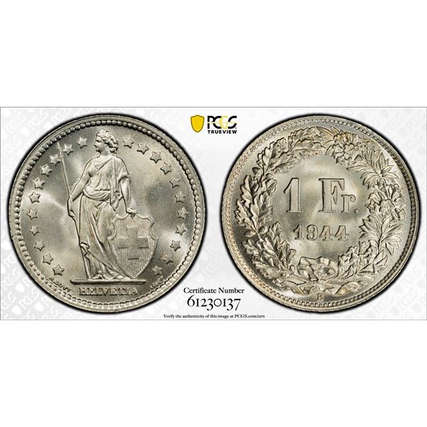 SWITZERLAND: Confederation, AR franc, 1944-B, PCGS MS67