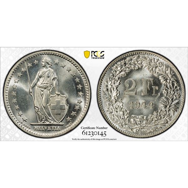 SWITZERLAND: Confederation, AR 2 francs, 1944-B, PCGS MS66