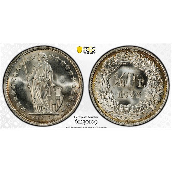 SWITZERLAND: Confederation, AR 1/2 franc, 1945-B, PCGS MS66