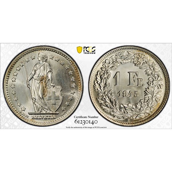 SWITZERLAND: Confederation, AR franc, 1945-B, PCGS MS67