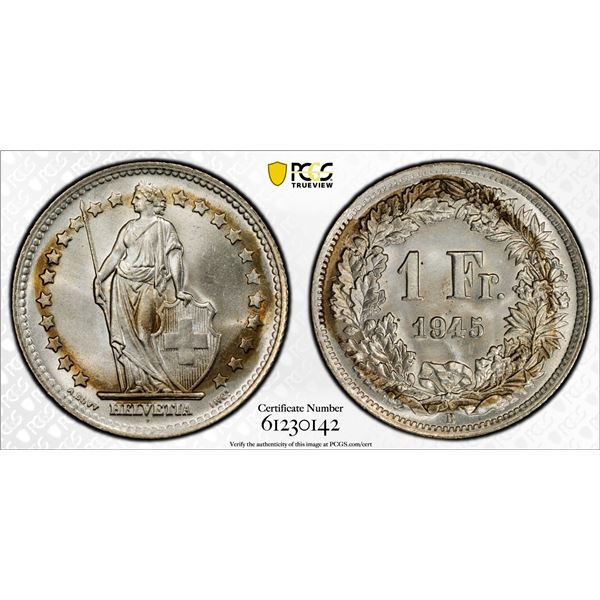 SWITZERLAND: Confederation, AR franc, 1945-B, PCGS MS66