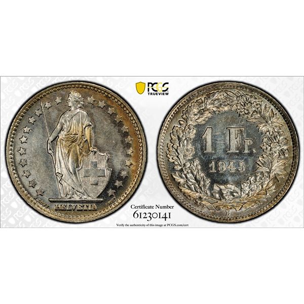 SWITZERLAND: Confederation, AR franc, 1945-B, PCGS MS65