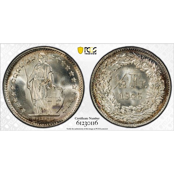 SWITZERLAND: Confederation, AR 1/2 franc, 1946-B, PCGS MS67