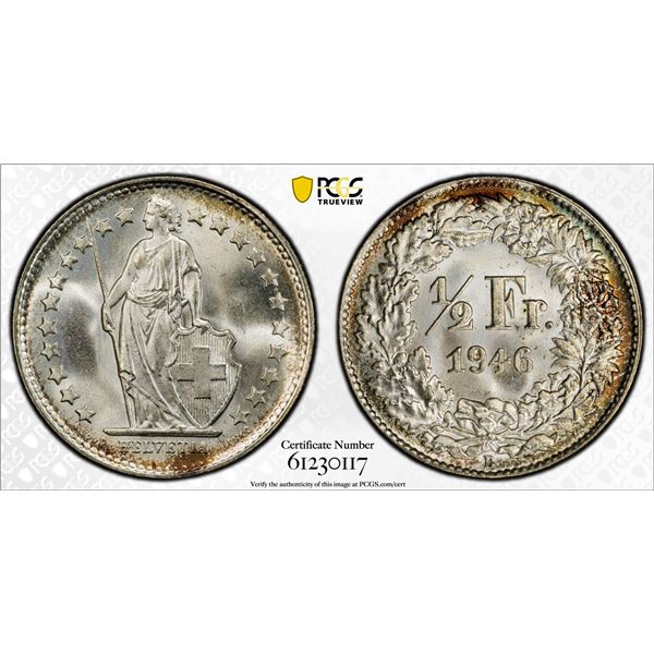 SWITZERLAND: Confederation, AR 1/2 franc, 1946-B, PCGS MS66
