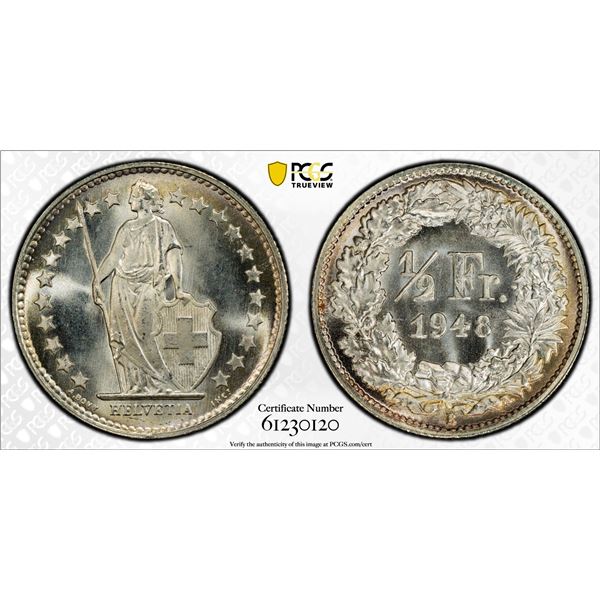 SWITZERLAND: Confederation, AR 1/2 franc, 1948-B, PCGS MS67