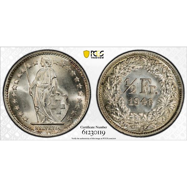 SWITZERLAND: Confederation, AR 1/2 franc, 1948-B, PCGS MS66