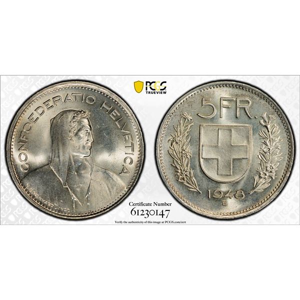 SWITZERLAND: Confederation, AR 5 francs, 1948-B, PCGS MS65
