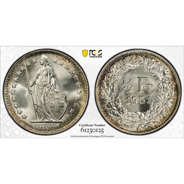 SWITZERLAND: Confederation, AR 1/2 franc, 1951-B, PCGS MS67