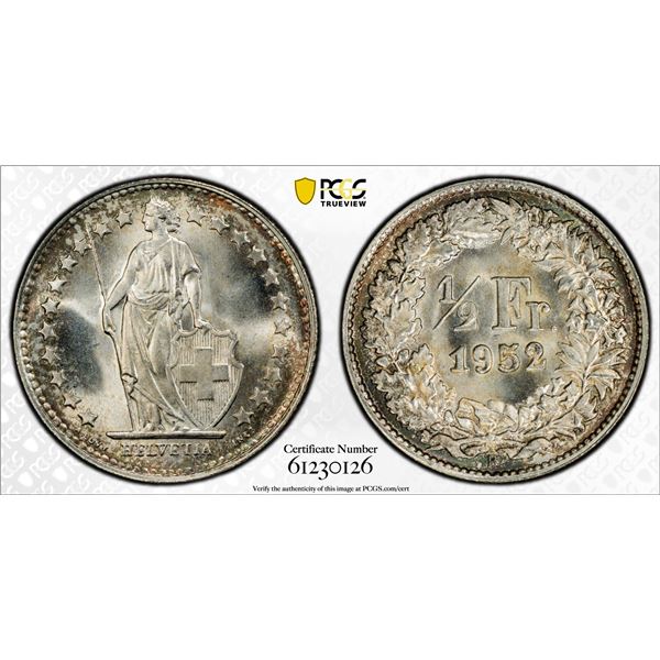 SWITZERLAND: Confederation, AR 1/2 franc, 1952-B, PCGS MS67
