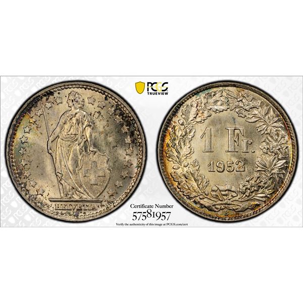 SWITZERLAND: Confederation, AR franc, 1952-B, PCGS MS66