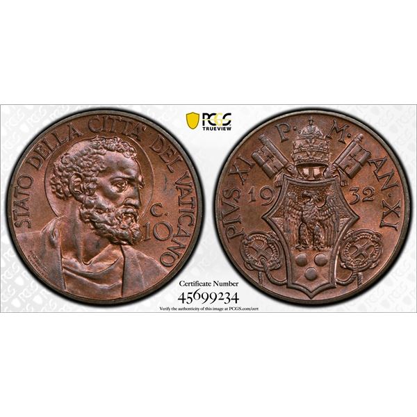 VATICAN: Pius XI, 1922-1939, AE 10 centesimi, 1932 year XI, PCGS MS65 BN