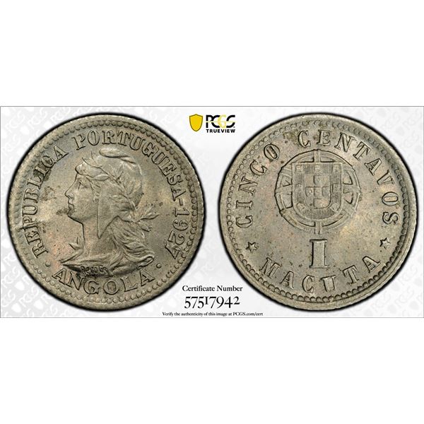 ANGOLA: Portuguese Colony, 1 macuta / 5 centavos, 1927, PCGS MS62