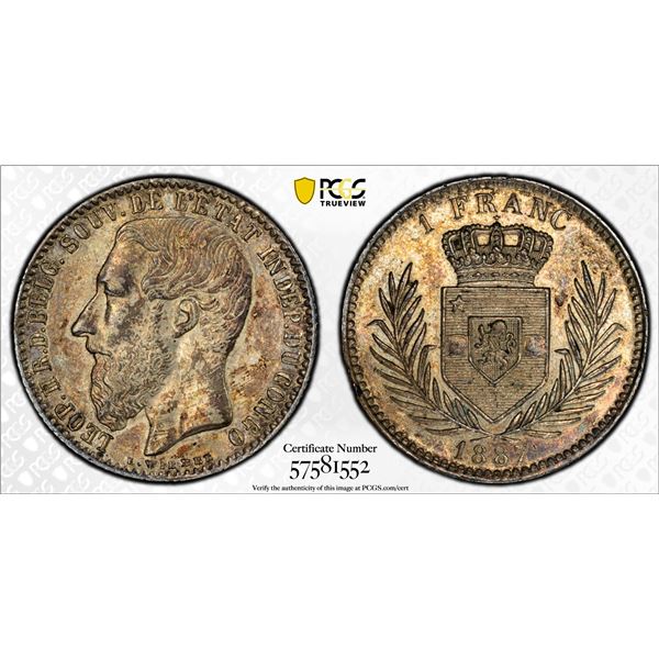 BELGIAN CONGO: Leopold II, 1885-1908, AR franc, 1887, PCGS AU58