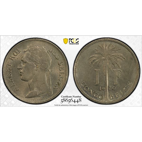 BELGIAN CONGO: Albert I, 1909-1934, 1 franc, 1930/29, PCGS MS64